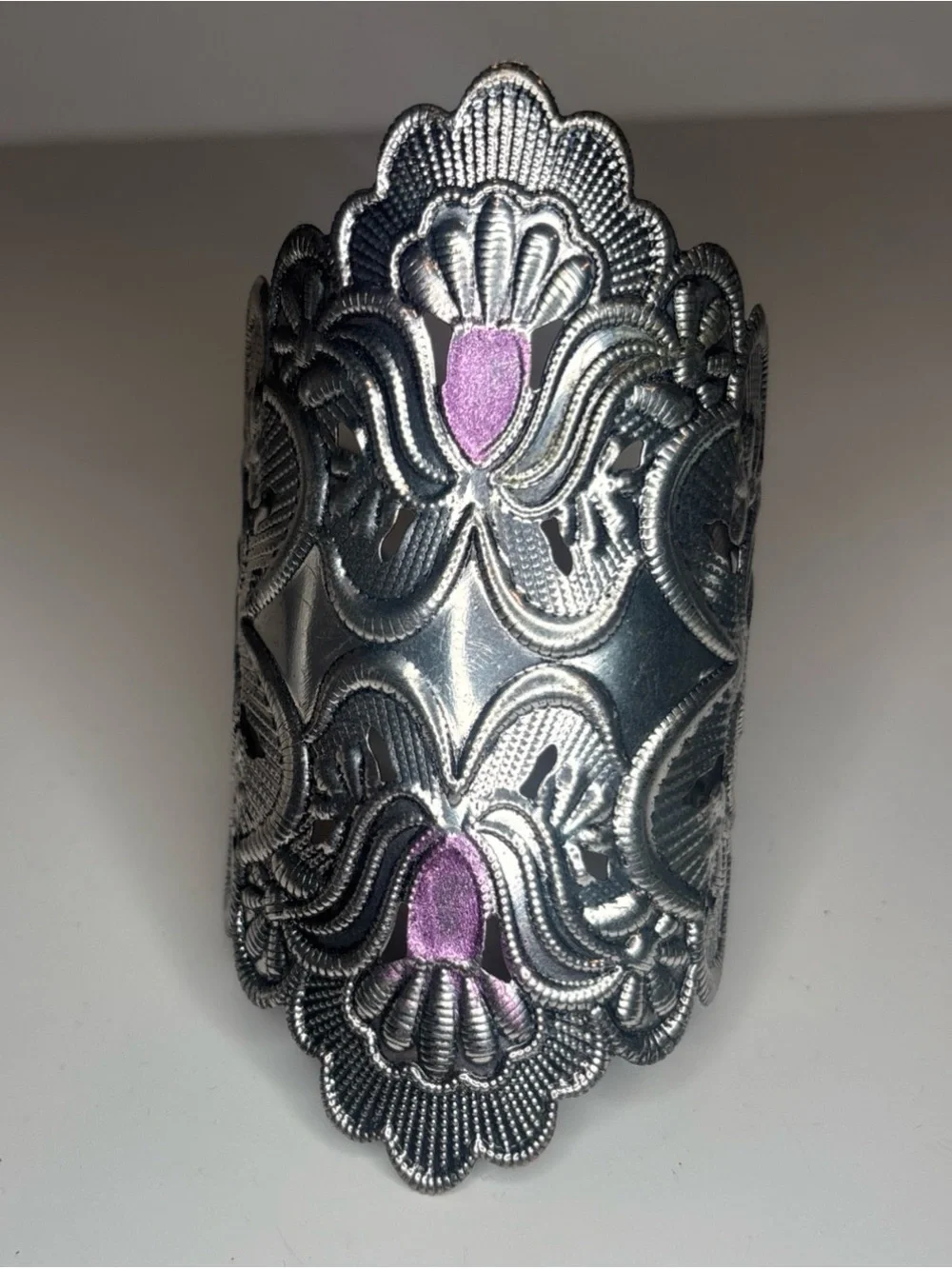 Vintage Silver Tone‎ Floral Filigree Cuff Bracelet Purple Enamel Wide Boho